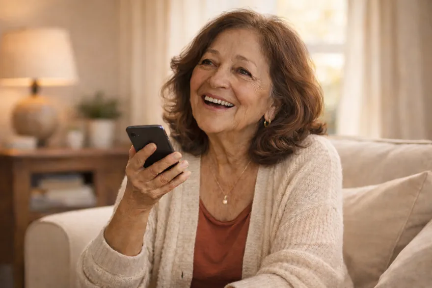 A woman smiling while speaking on her phone